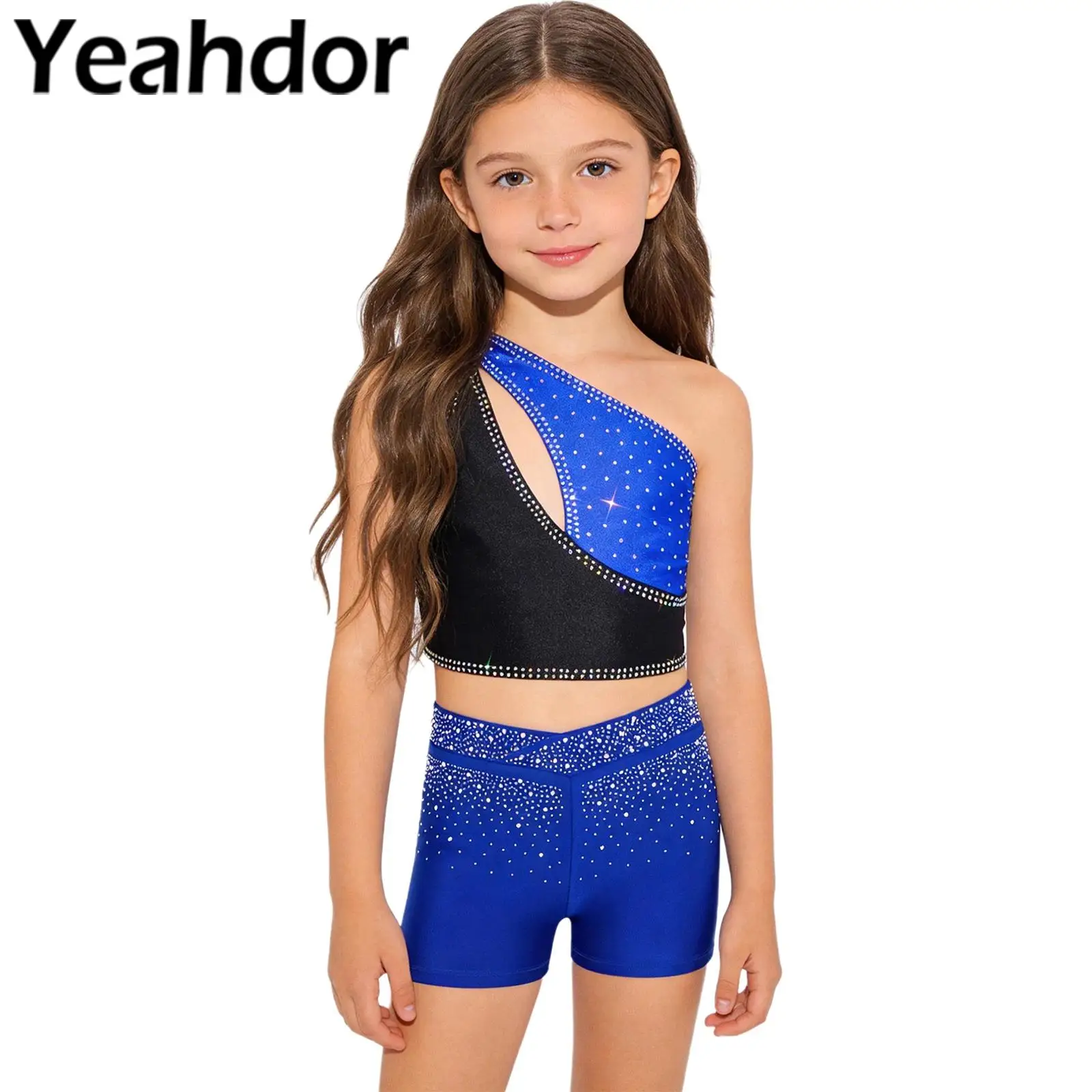 

Детский костюм для фигурного катания, гимнастики и танцев для девочек: топ без рукавов на одно плечо с блестящими стразами и шорты, танцевальная одежда
