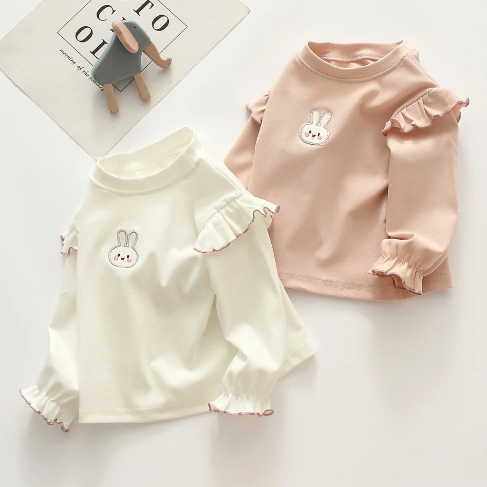 2024Autumn New Cute Girls' Top Beige Casual Cartoon Rabbit Decal Fly Sleeve T-shirt Simple Long Sleeved Spring Children Clothing