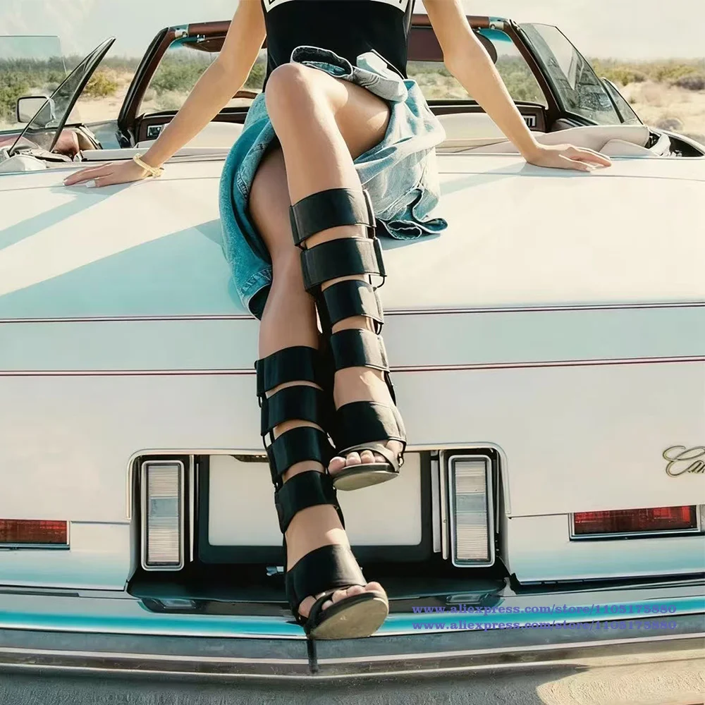 

Caged Platform Knee High Sandals Boots Gladiator Cut-Outs Thin Heels Back Zipper Knee High Boots Sandalias De Mujer Verano