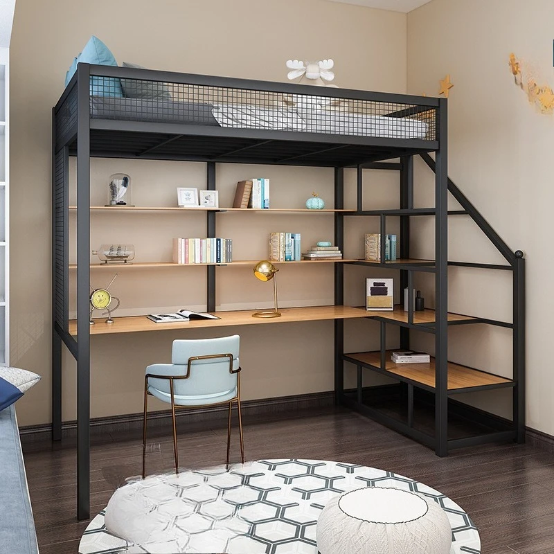 elevated bed, home bedroom with wardrobe desk wrought iron bed, student dormitory multi-functional iron frame bed