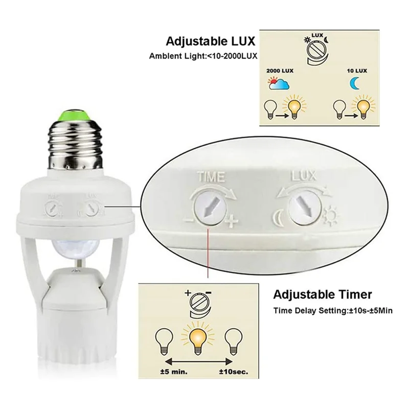 ABZV-E27 Lamp Holder Adapter with PIR Motion Sensor AC100-240V LED Light Bulb Socket Converter Human Presence Detector