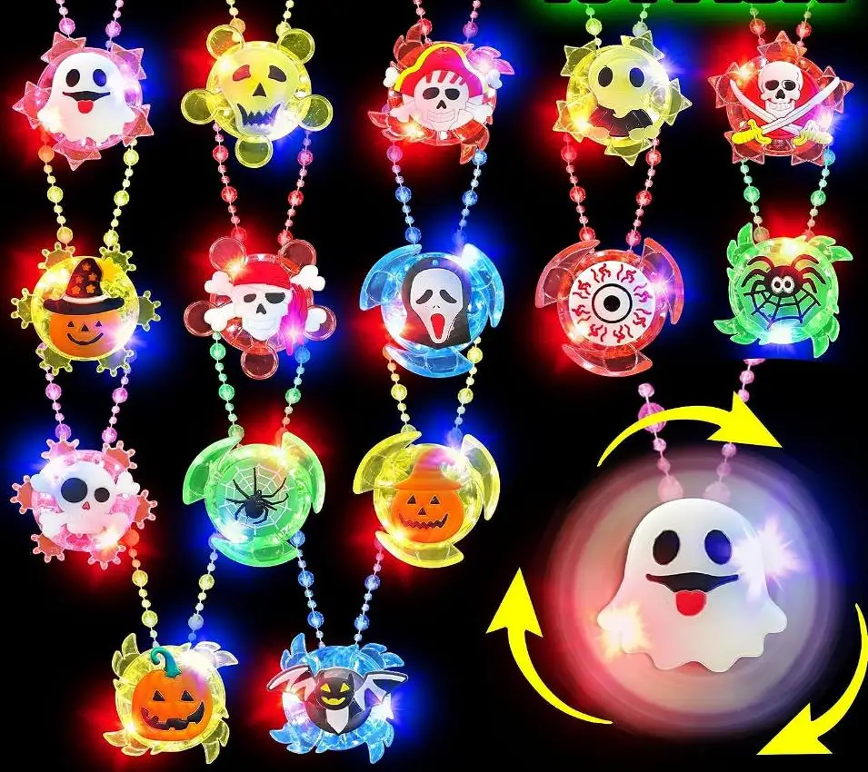 

50pcs Halloween Flash Spin Necklaces LED Party Favors Spider Ghost Trick or Treat Light Up Toys Goody Bag Fillers