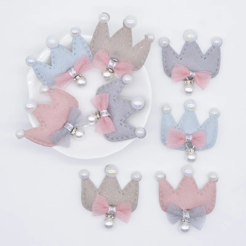 10Pcs Colorful Cloth Crown Padded with Bow Pearl Pendant for DIY Clothes Patch Fabric Sewing Craft Socks Gloves Shoes Decor