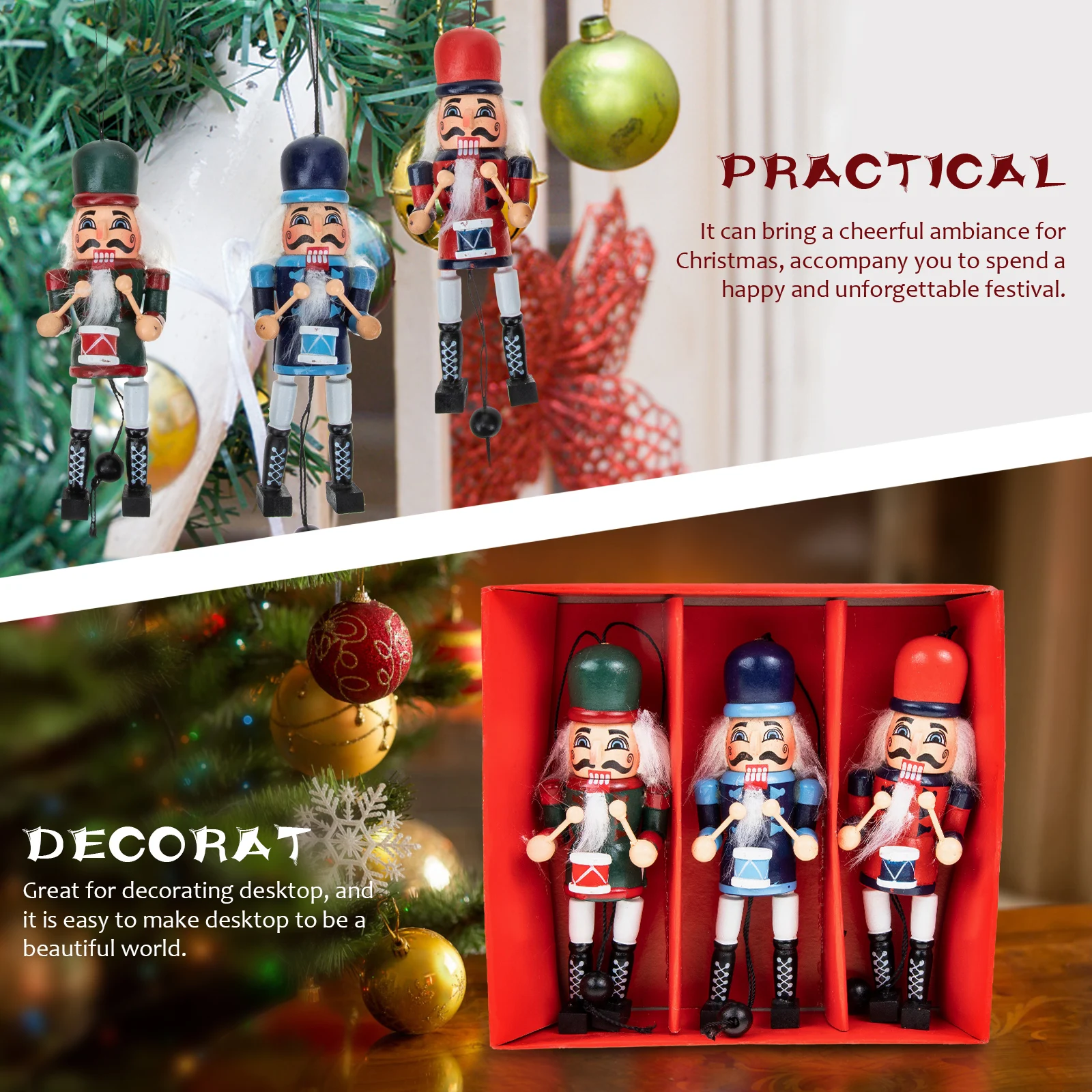 

3Pcs Christmas Nutcracker Pull String Puppet Wooden Soldier Ornaments Xmas Hanging Wood Nutcrackers Desktop Nutcracker