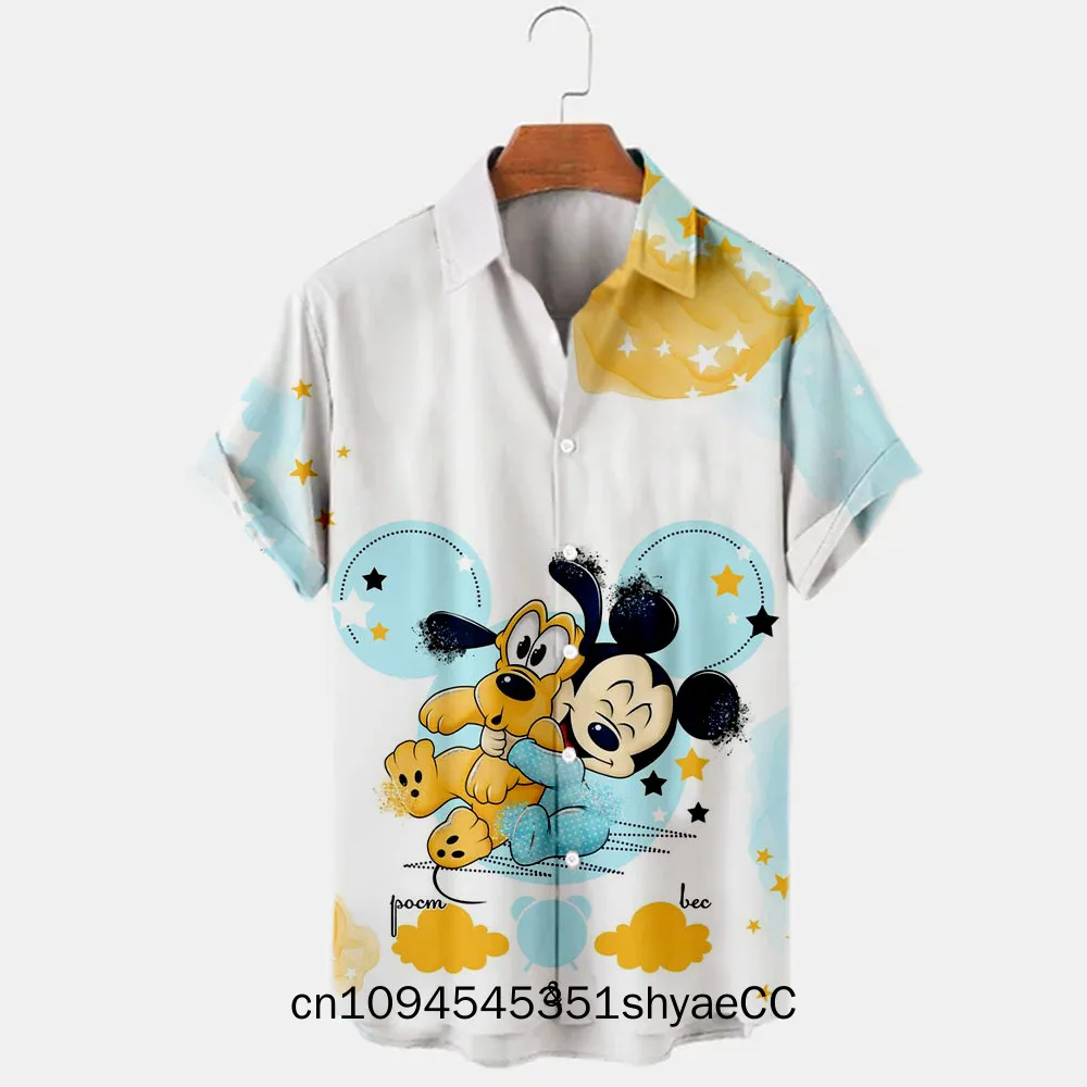 Summer 2025 New Disney Stitch And Mickey Brand Cartoon Casual 3D Printed Short Sleeve Lapel Shirt Slim Fit Men's Top