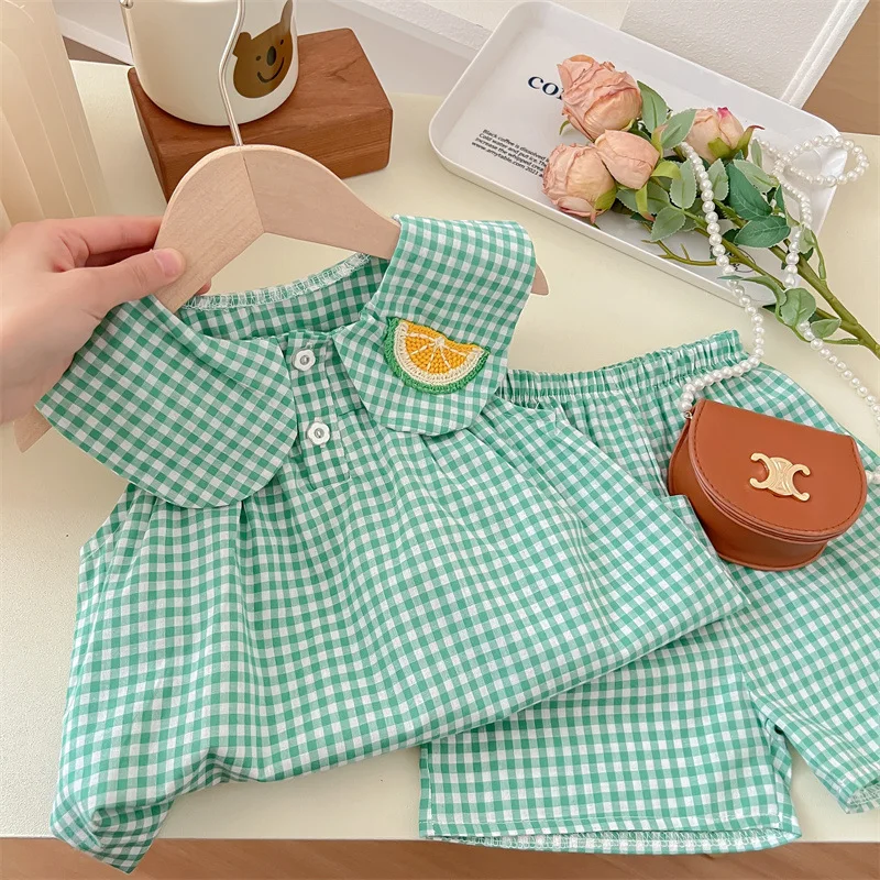 Summer Clothing Sets Children Kids Baby Infants Cute Fruit Cotton Girls Plaid Sweet Princess 2pcs Suit Children's Clothing