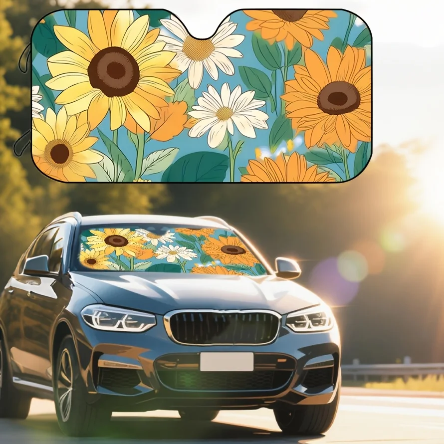 Sunflower And Daisy Pattern Car Sunshade, Featuring A Fresh And Natural Design, Effectively Blocks Direct Sunlight, Protects Car