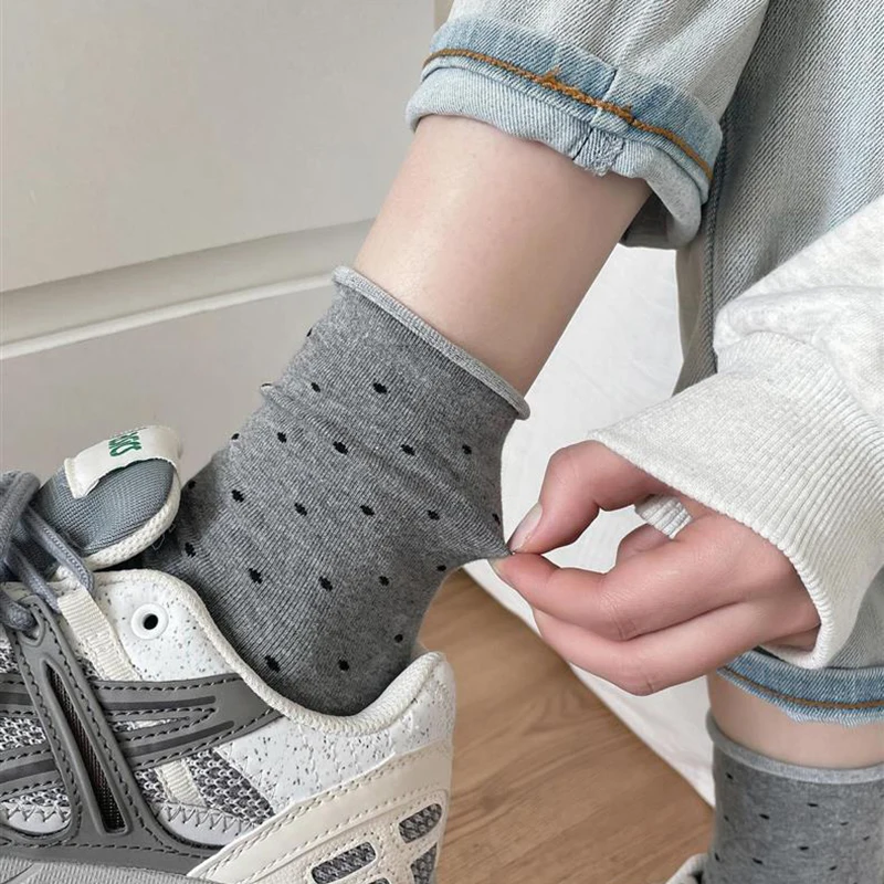 5/10 Pairs Women Rolled Edge Polka Dot Mid Tube Socks Spring Summer Sweat Absorbing Breathable Sweet Simple Style Casual Socks image 3