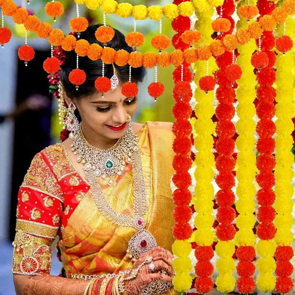 Artificial Marigold Garland 135CM Indian Style Fake Plant with Pearl Festival Ornament for Halloween Day of The Dead Christmas