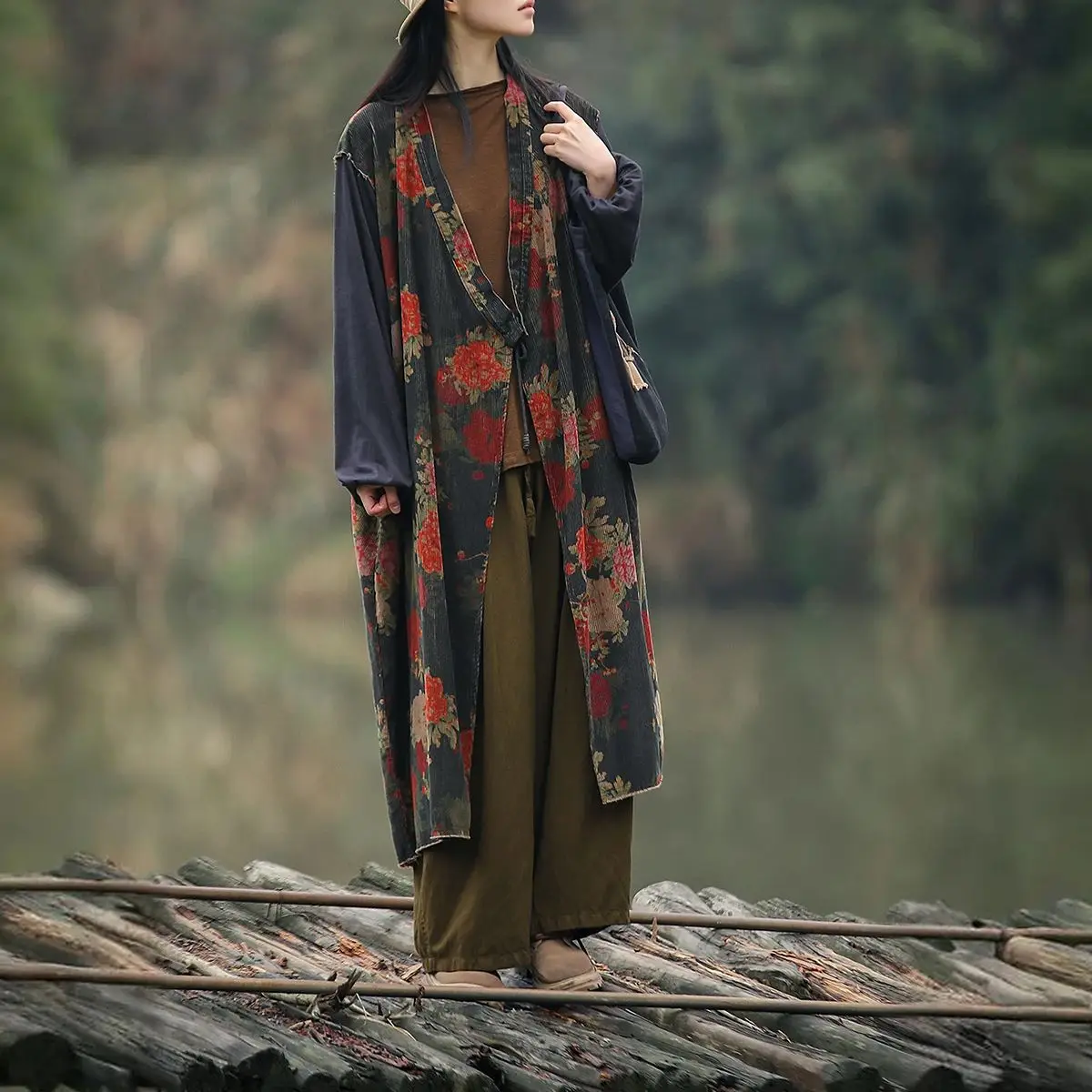 LZJN ฤดูใบไม้ผลิหลวม Retro Corduroy พิมพ์แจ๊กเก็ตจีน Zen สไตล์, การปิดกั้นสี Long Trench Coat สําหรับ Plus ขนาด