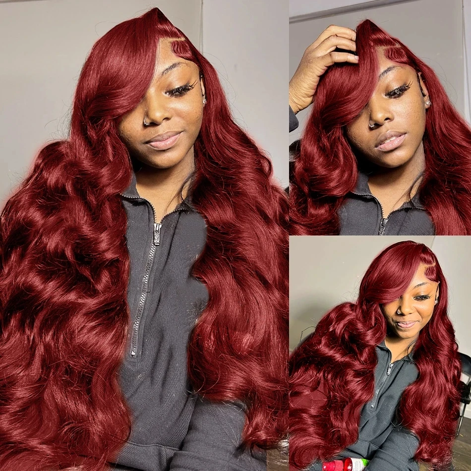 Perruque Lace Front Wig Body Wave Brésilienne Naturelle, Cheveux Humains, Transparent HD, Couleur Bordeaux 99J, 13x6, 360, pour Femme