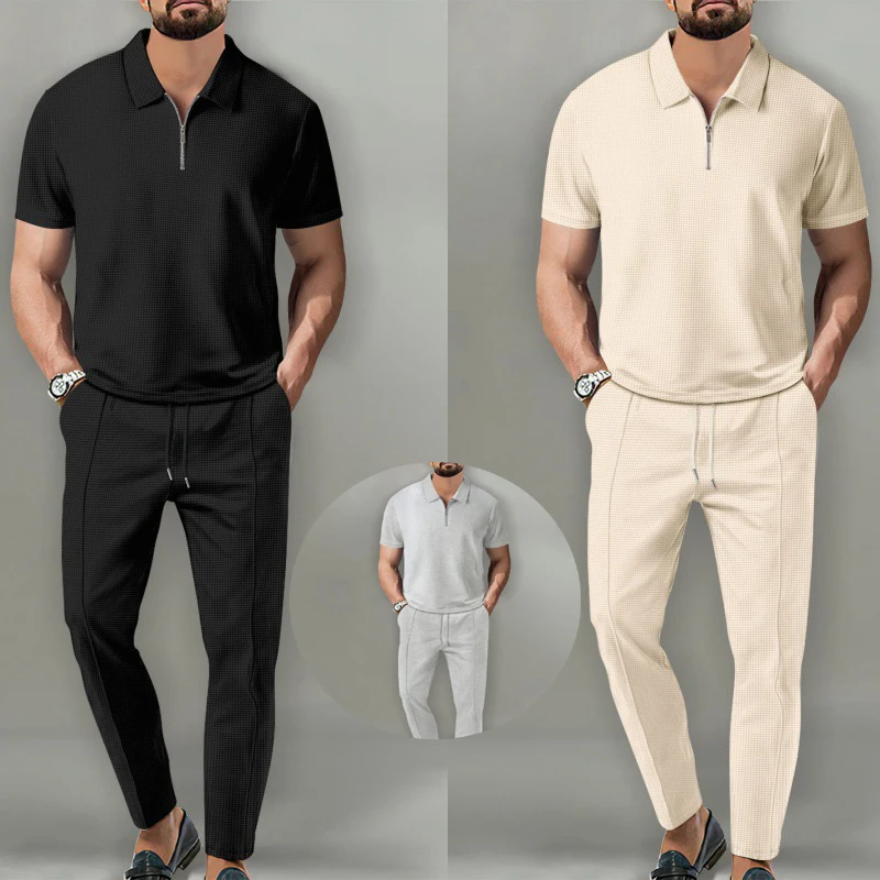 2025 Primavera/otoño nuevo conjunto de Color sólido para hombres cuello de gofre pantalones de manga corta con cremallera conjunto Polo conjunto para hombres