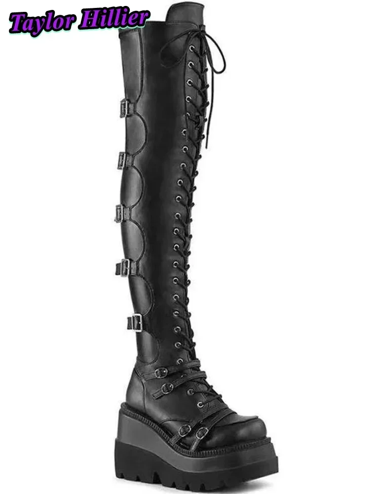Готические ботинки Y2K с квадратным носком в стиле панк Botas на шнуровке, горячие туфли на квадратном каблуке с боковой молнией и пряжкой, черный рок, 9,5 см, туфли до колена