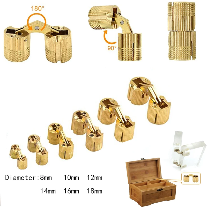 

8-18mm Coppers Barrel Hinges Cylindrical Hidden Cabinet Concealed Invisible Brass Hinges Mount For Furniture Hardware