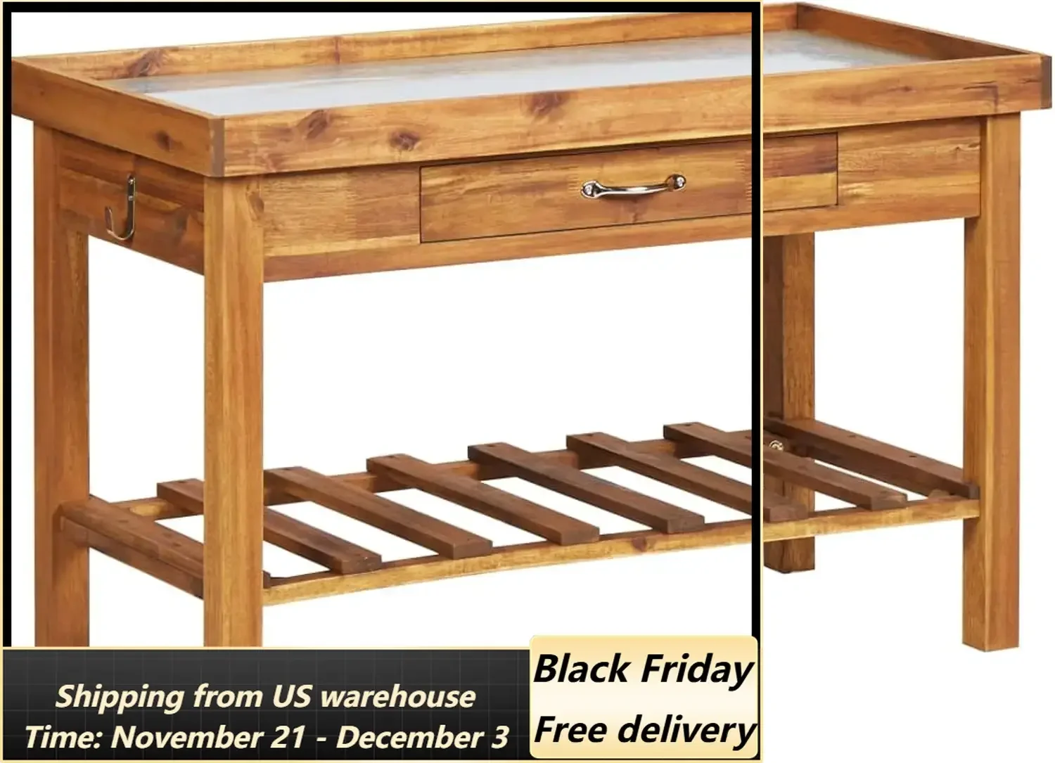 Garden Work Bench with Zinc Top Solid Acacia Wood for Patio,Bistro,Bar