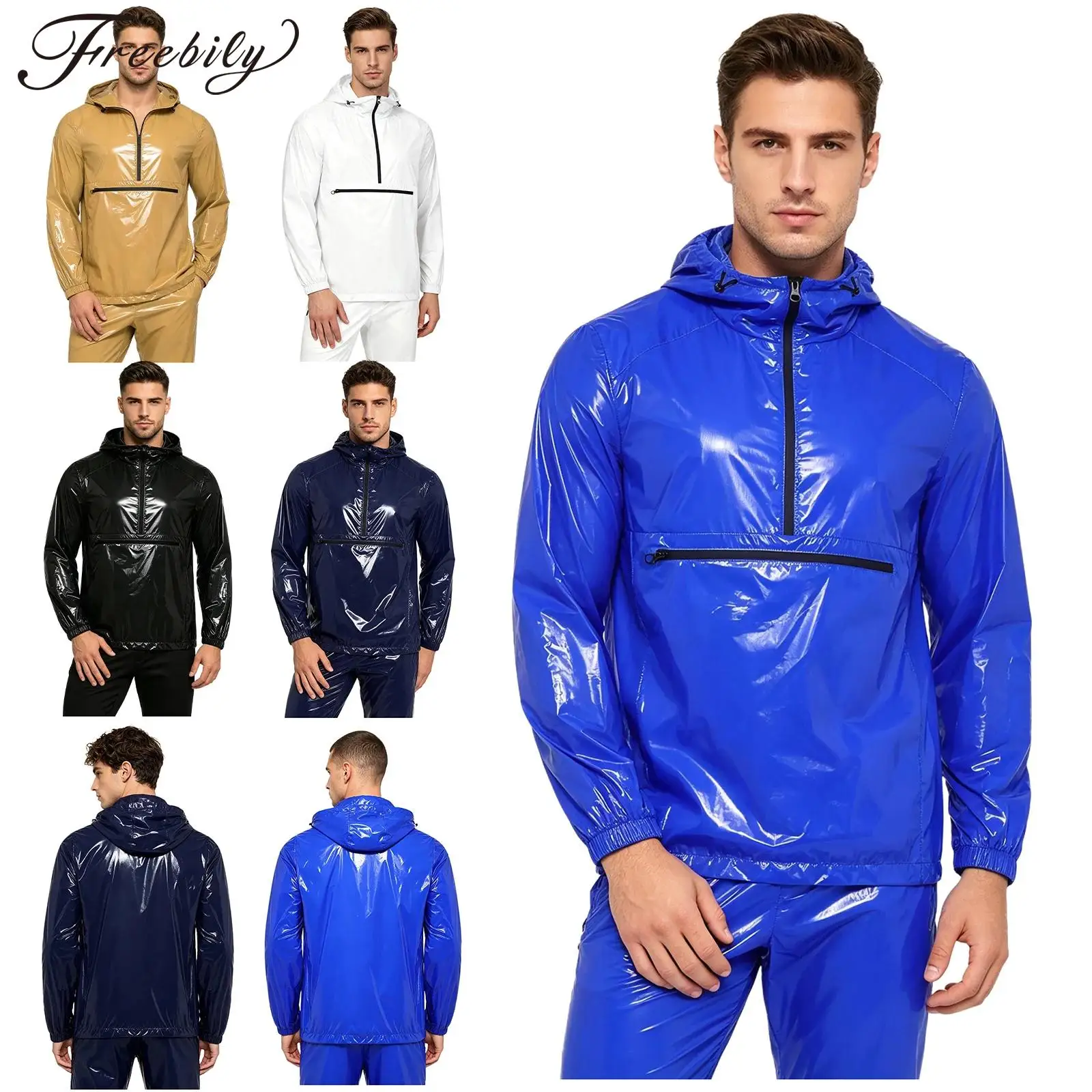 

Men Waterproof Hoodies Front Kangaroo Pocket Sweatshirt with Zipper Long Sleeve Hiking Camping Hooded Windbreaker Raincoat