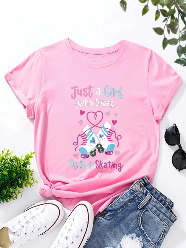 2024 New Just A Girl Who Loves Roller Skiing And Roller Shoe Pattern Letter Printed Round Neck T-shirt