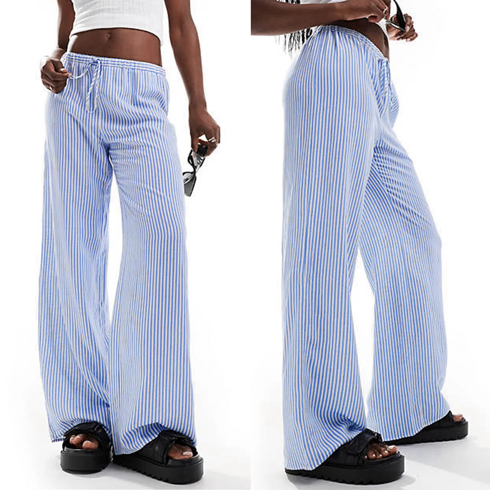 Y2K Women's Straight Wide Leg Pants Casual Elastic Waist Striped Print Pants Pull-on Trousers Street Wear