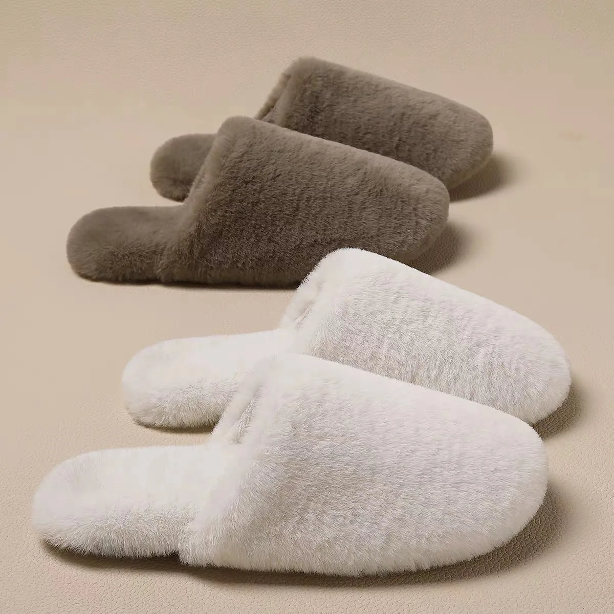 

Winter Women Home Slippers Fluffy Men House Slides Solid Color Concise Couples Furry Floor Shoes Autumn Warm Flats Plush Shoes