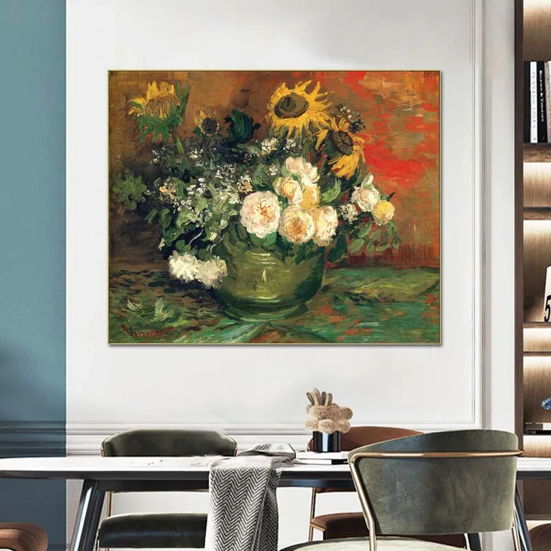 Vincent van Gogh paintings,Still Life with Roses and Sunflowers,Hand-painted flower painting on linen canvas,decoration for home