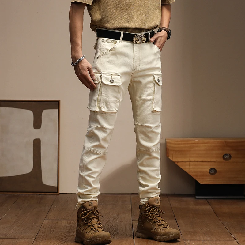 Retro Jeans for Men's New American High Quality Trendy Slim Fit Cargo  Large Pocket Spliced Motorcycle Feet Pants Mens Jeans