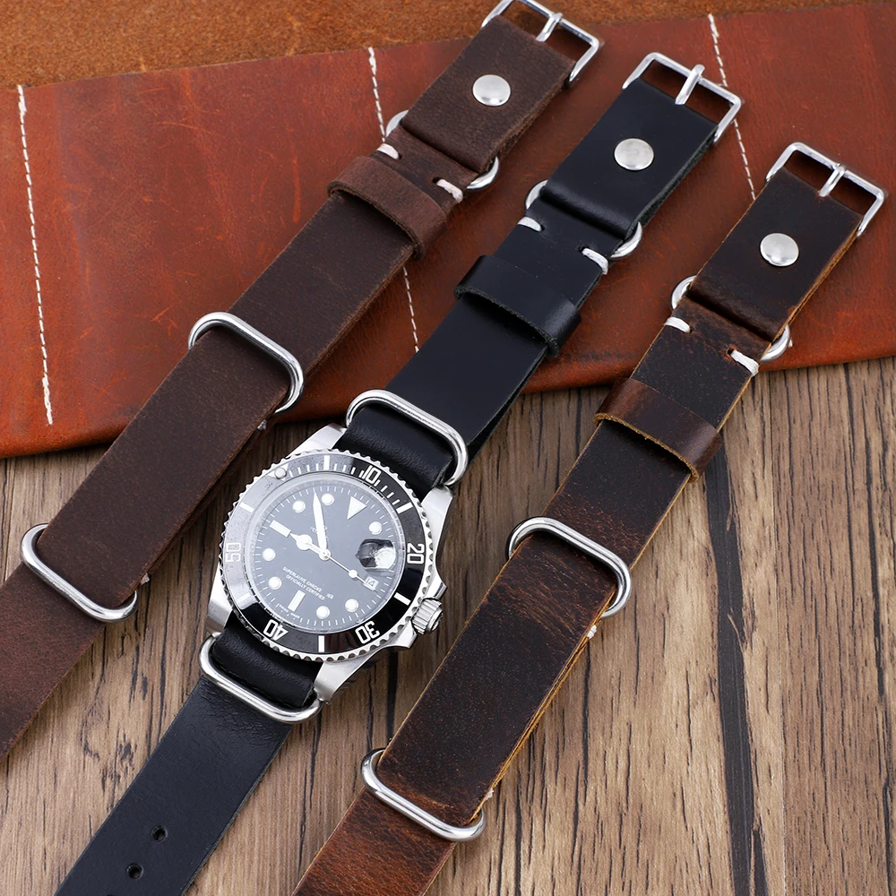 

Long Watch Strap 20mm 22mm Vintage Black Coffee Brown Leather Watchband with Rivet Three Rings Wristbands for Watch Accessories