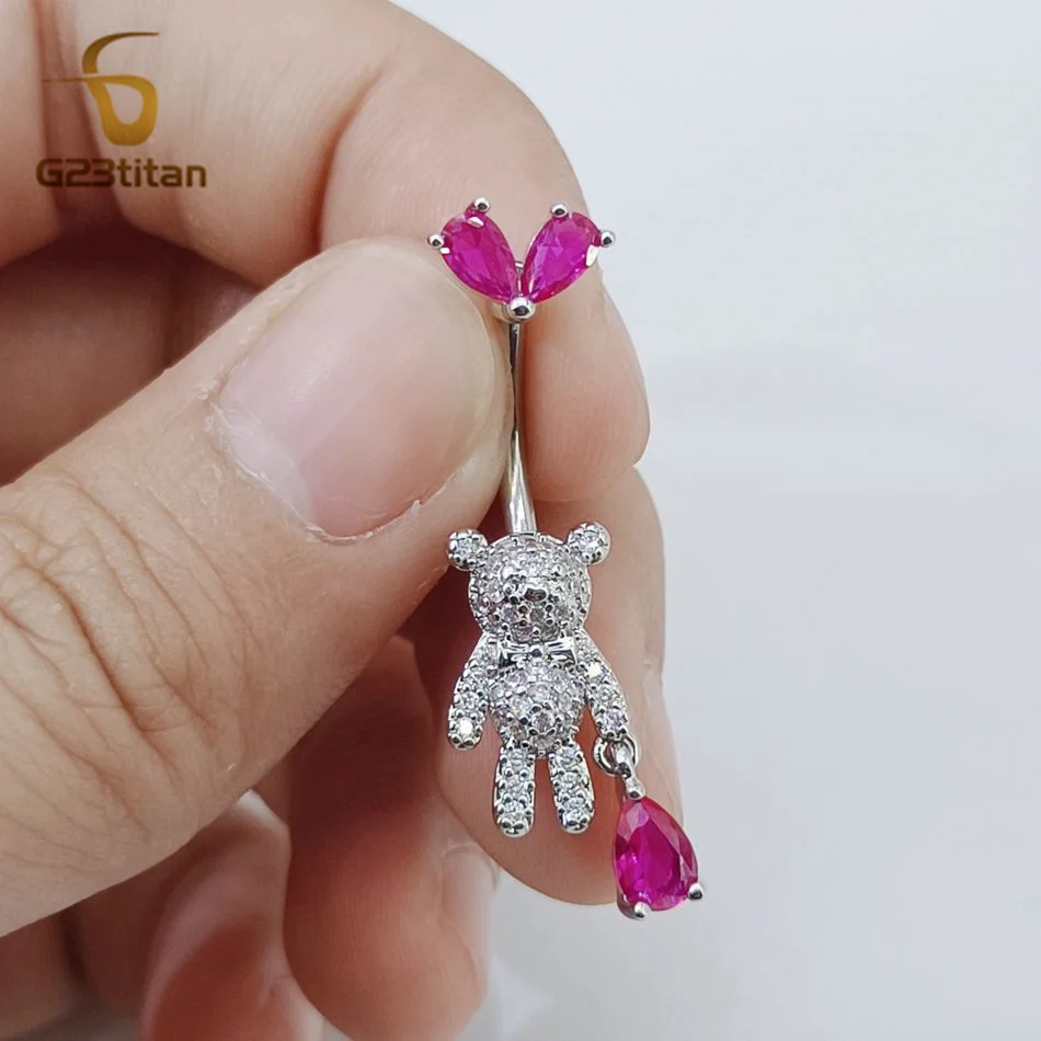 Y2K Pink Heart Bear Floating Navel Ring Bling CZ Animal Belly Piercing 14G Titanium Barbell Hottie Body Jewelry Beach Accessory