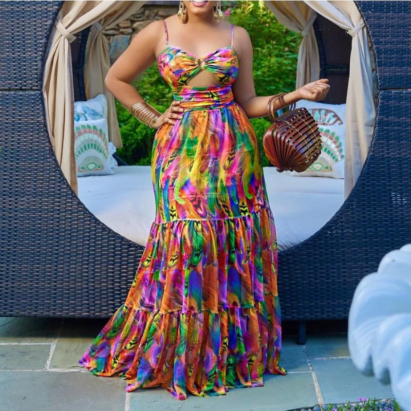 أنيقة المرأة السباغيتي حزام انقطاع الخصر عالية الخصر سوينغ كبير صالح و مضيئة ماكسي فستان طويل 2022 شاطئ مثير بوهو فستان