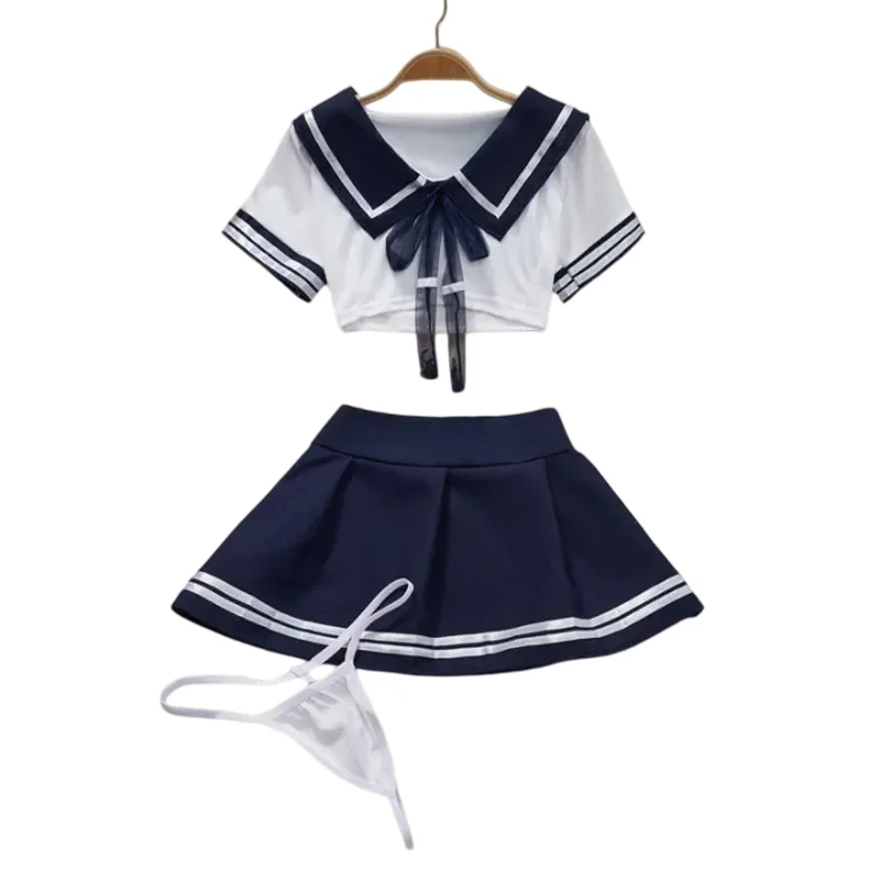 Cosplay Sexy Lingerie Set Women's 2 Piece Nightgown Student Uniform Set Short Top Crotchless Dresses Erotic Bra Nightdress