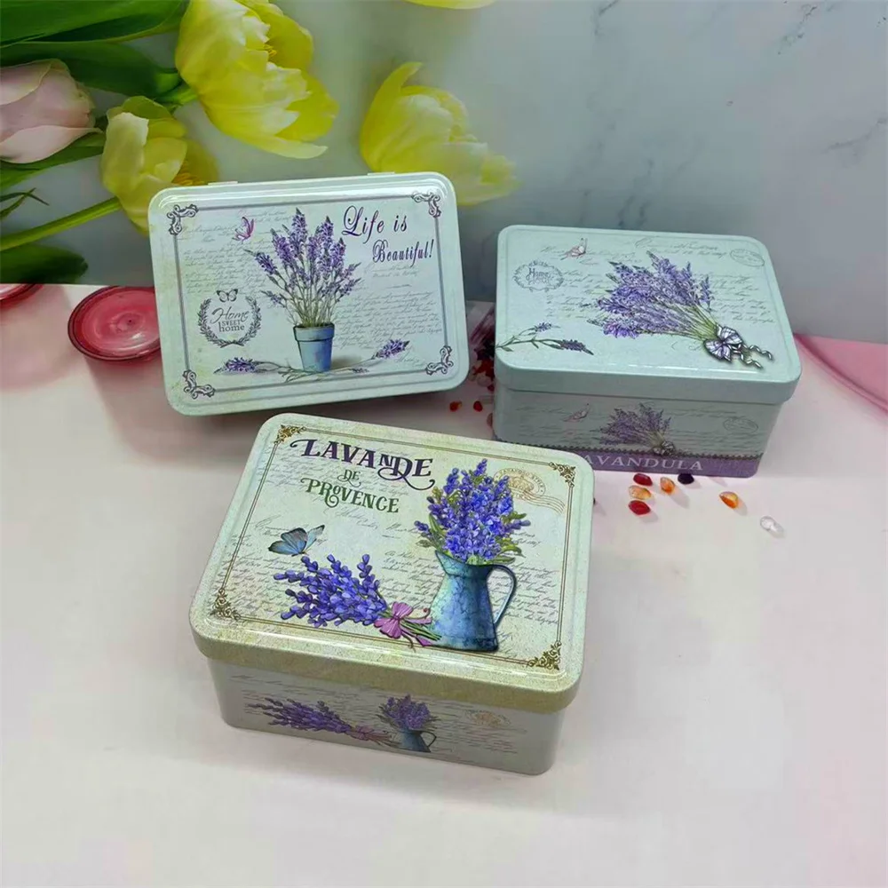 

Винтажный металлический прямоугольный ящик для хранения с цветочным принтом лаванды и защелкивающейся крышкой - декоративный органайзер для ювелирных изделий и офиса для стола, туалетный столик