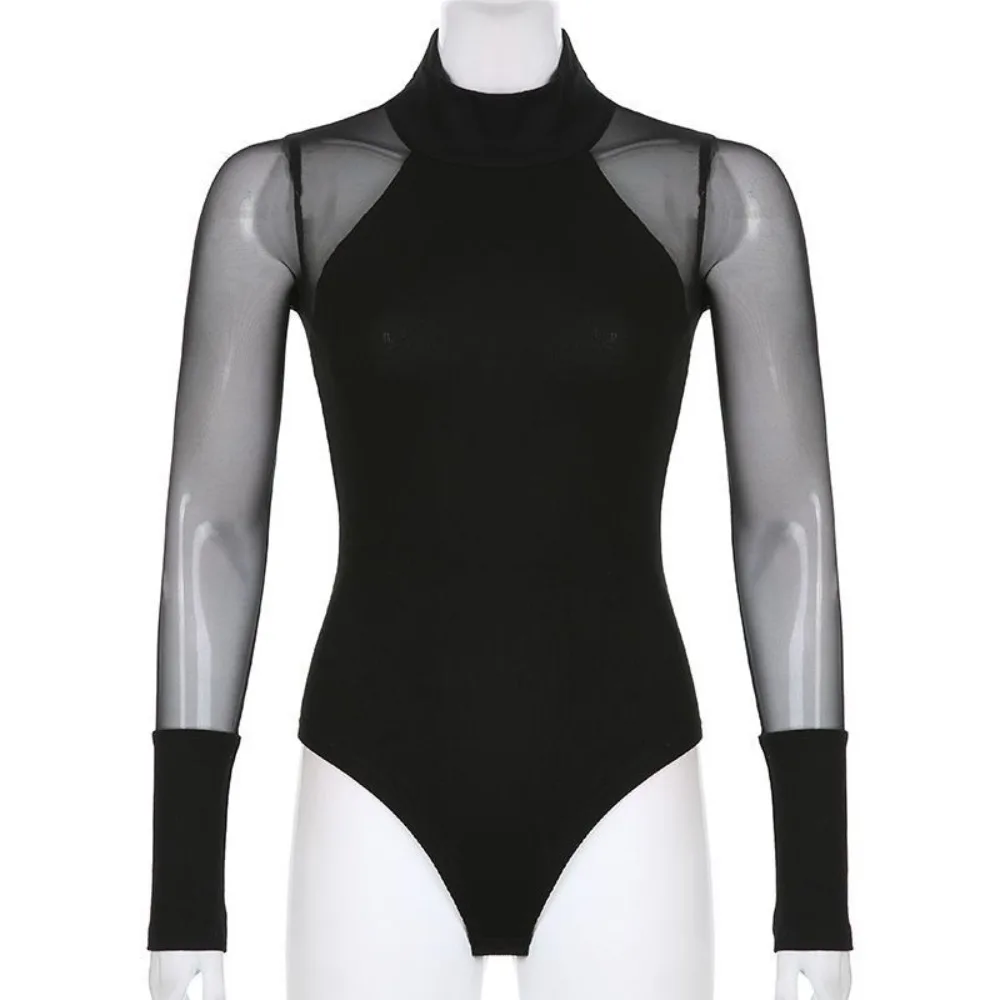 

High Collar Long Sleeve Jumpsuit Slim Fit Translucent Romper Shorts Female Clothes Simple Lace Bottoming Shirt Get-together