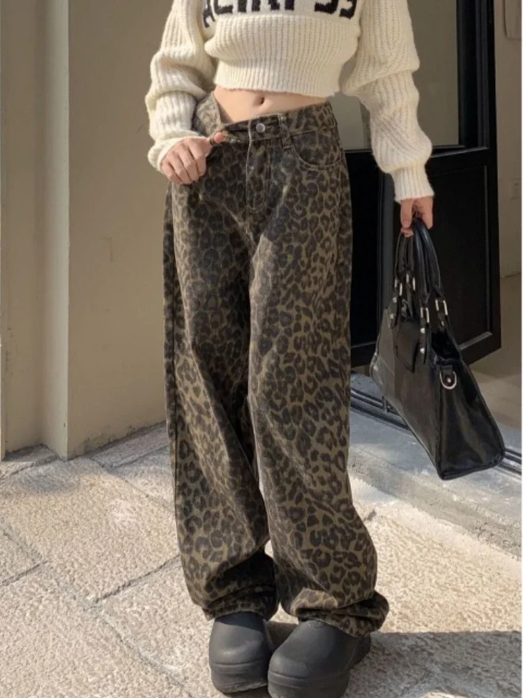 

Vintage Leopard Print Pantalon Femme Wide Leg Pants Women High Waist Straight Y2k Jeans Casual Fashion Korean Jean Trousers