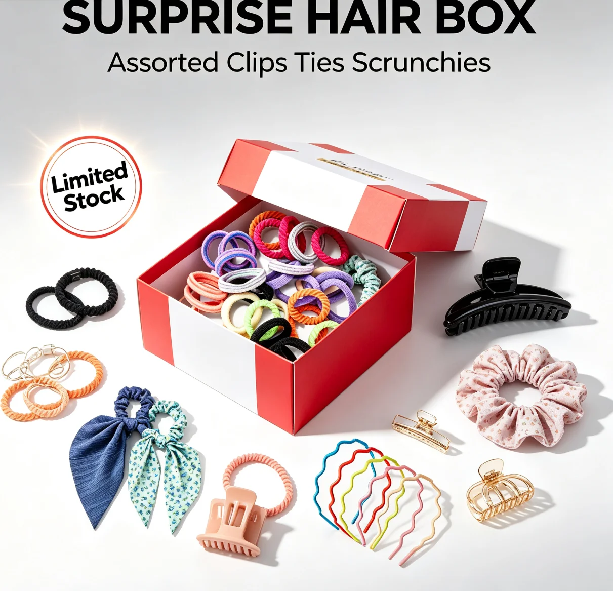 Random Hair Accessories Blind Box, Snap Hair Clips Elastic Hair Ties Wavy Headbands Claw Clips Scarf Scrunchies Mixed Surprise Mystery Box for Women Girls Daily Hairstyle view 2