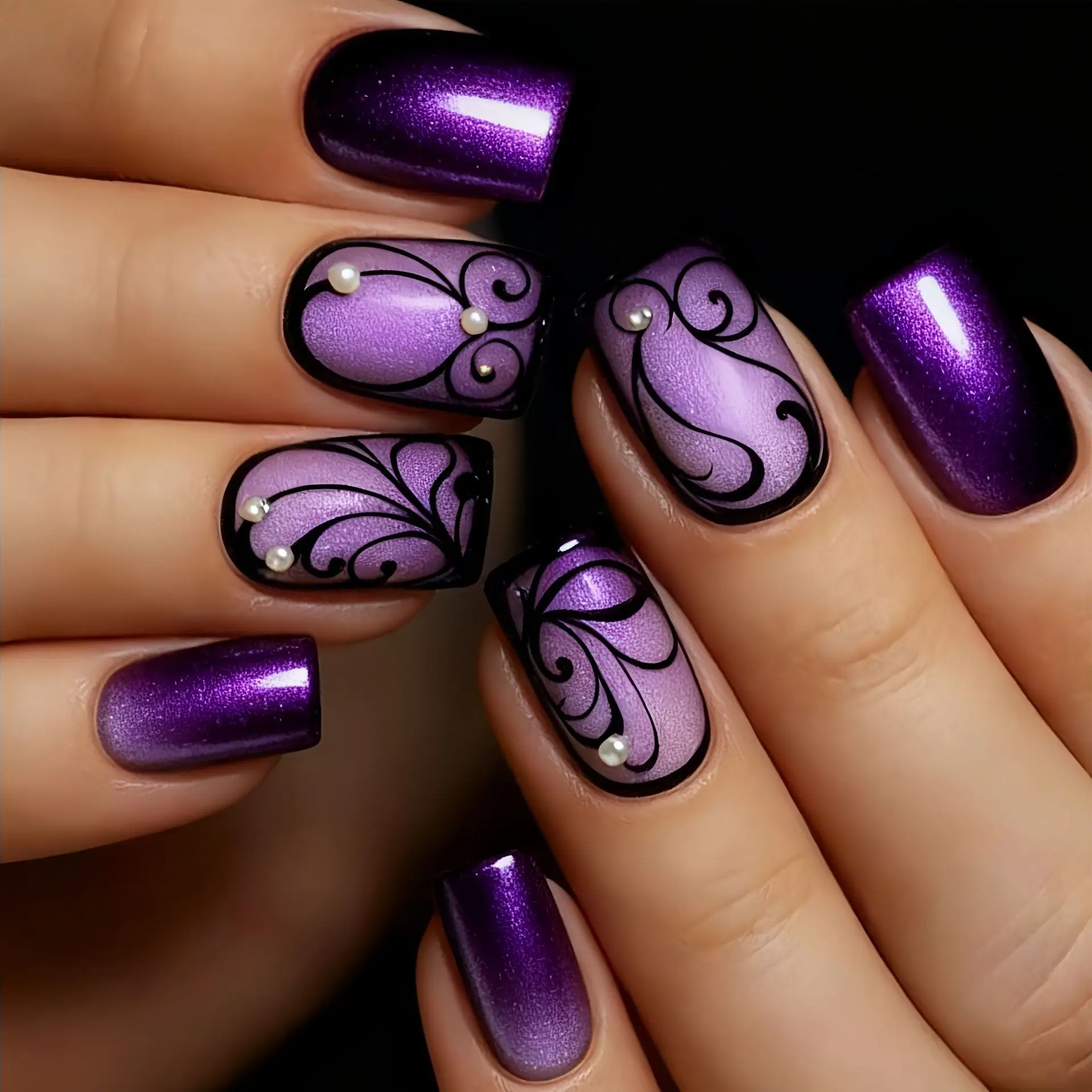 24Pcs Glitter Purple Wearable Full Cover Square Design Diamond Press on False Nails with Black Vine Fake Nail Ballet Manicure