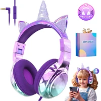 Auriculares para niños con orejas de gato y unicornio, con cable sobre la oreja, volumen seguro de 85 dB, plegables para la escuela/viajes/aprendizaje en línea, regalo para niñas, morado
