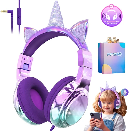 Imagen 1 del producto Auriculares para niños con orejas de gato y unicornio, con cable sobre la oreja, volumen seguro de 85 dB, plegables para la escuela/viajes/aprendizaje en línea, regalo para niñas, morado