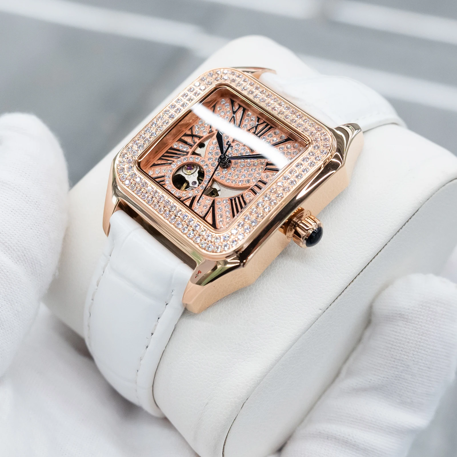 ساعة FolliFollie Equisite الماسية الكاملة للنساء أوتوماتيكية بحزام من جلد العجل باللون الذهبي الوردي ومينا مقاومة للماء 34 ملم للسيدات #1