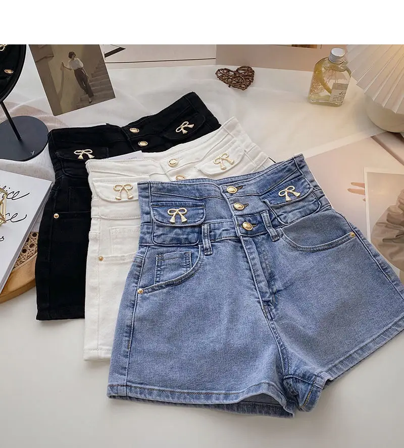 2023 Summer New Design High Waist Denim Shorts Button Decoration Single Breasted Bag Hip Slim Sexy Pants