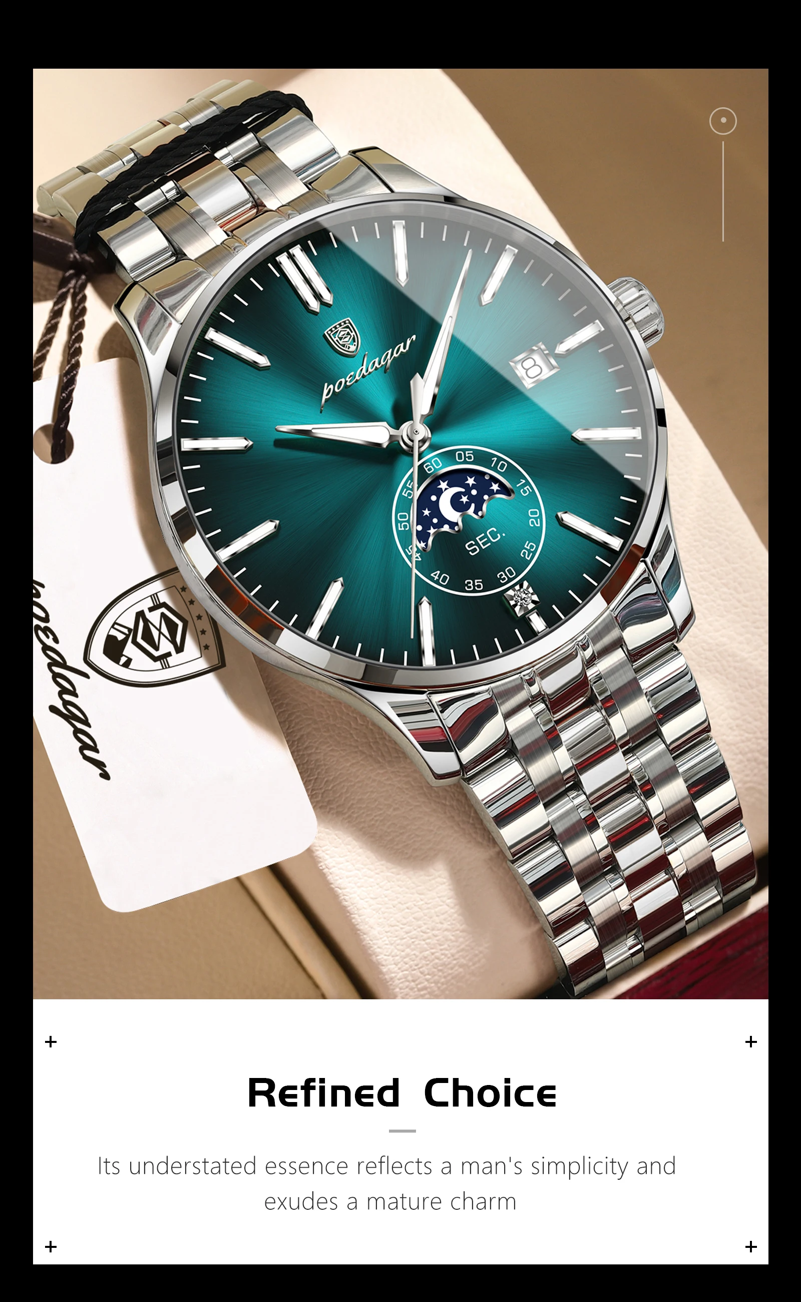 POEDAGAR Top-Luxus-Herrenuhr, Casual Edelstahl Quarz Herren-Armbanduhr, Wasserdicht, Leuchtend, mit Datum, Modische Herrenuhren Reloj – Detail 14