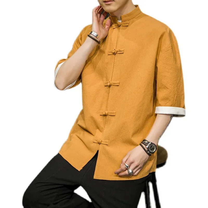 Japanese Style Shirt Men\'s Summer Chinese Stand Up Collar Yukata Kimono Samurai Wear Colour Blocking T-shirt Hanbok Casual Coat