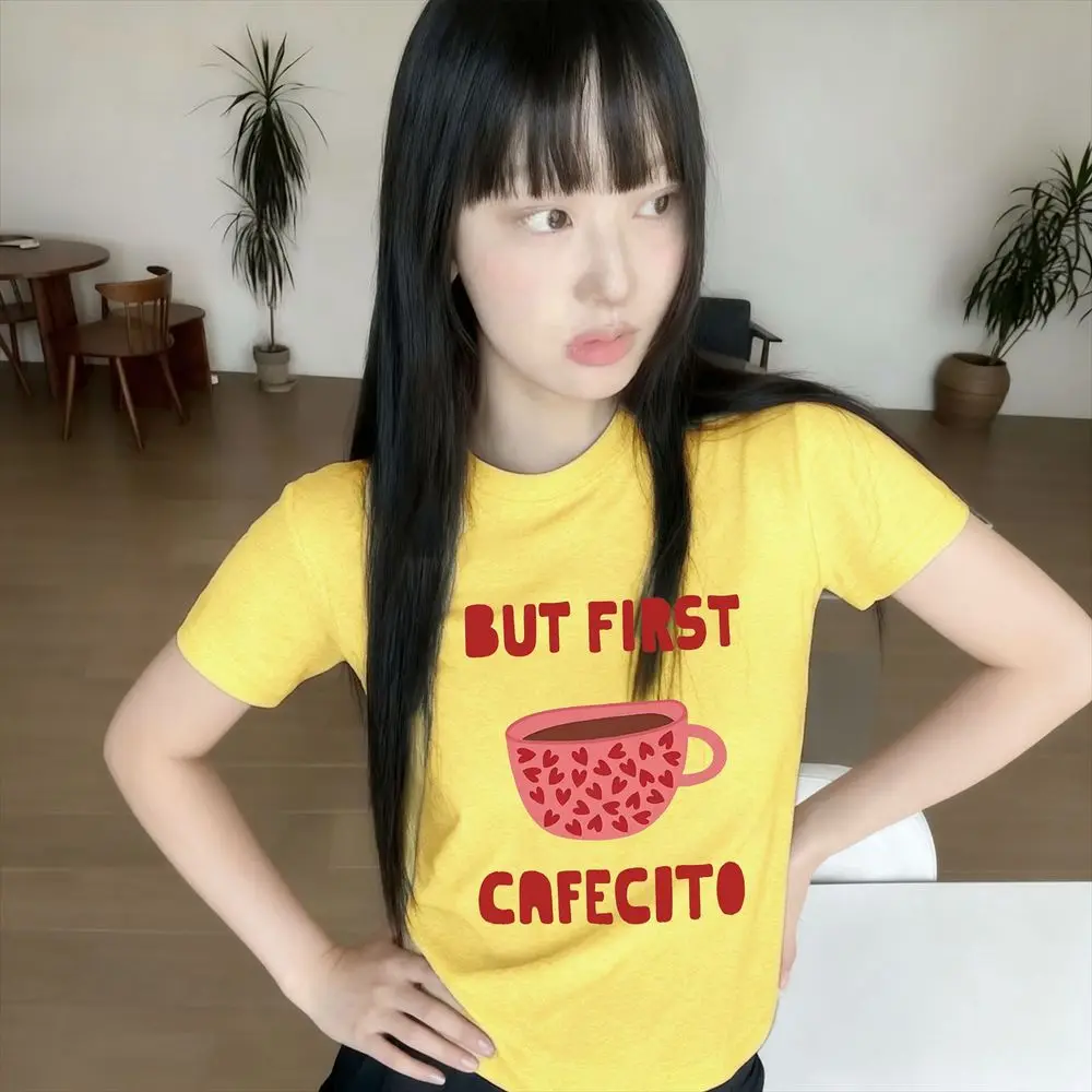 But First Cafecito Coffee Grafik-T-Shirt für Damen, Sommer, Harajuku, Kawaii, Herz-Tasse-Aufdruck, Rundhalsausschnitt, kurz, für den Alltag, Basic, niedlich, Y2k-Tops – Detail 5