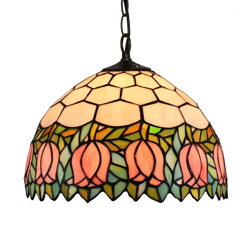 

Glazed lamp, pastoral stained glass art bar restaurant pink tulip chandelier 12 inches
