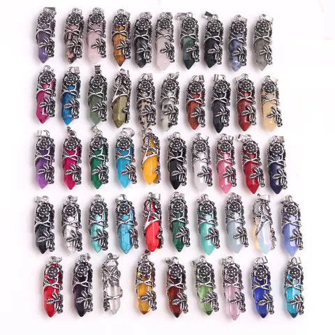 12pcs Natural Stone Hexagonal Column Pendant Rose Alloy Spirit Pendant DIY Necklace Pendulum Factory Outlet Wholesales
