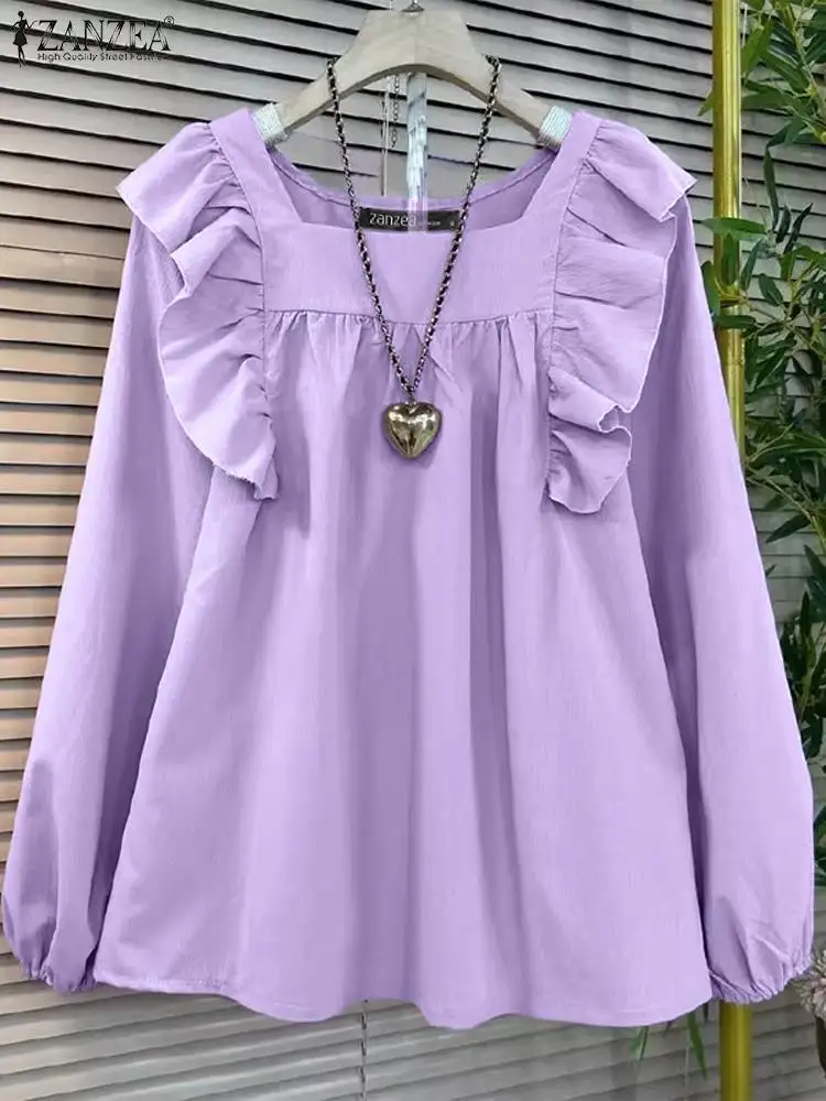 2024 Estate Sweety Camicetta ZANZEA Harajuku Collo Quadrato Camicia a maniche lunghe da donna Increspato Cuciture Magliette e camicette Office Lady Solid Chic Magliette e camicette