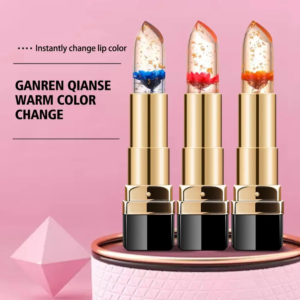 Lápiz labial transparente de flor de gelatina, Color de temperatura, bálsamo rosa, brillo de labios hidratante, maquillaje labial Sexy que cambia de Color azul Q3k0