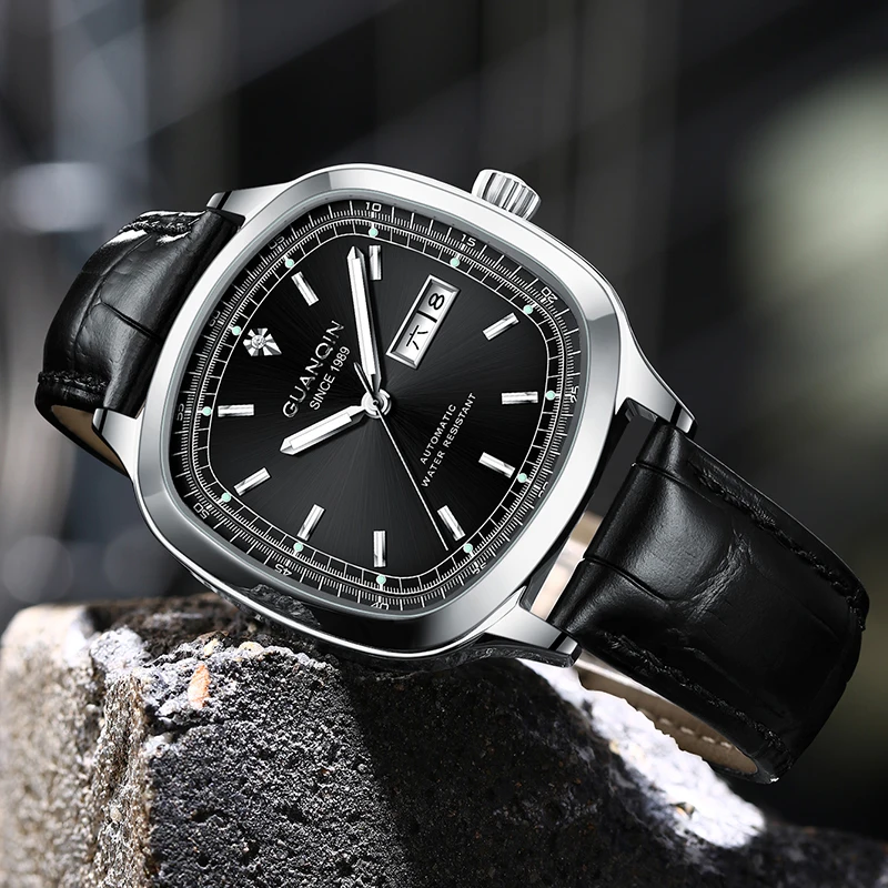 GUANQIN Mechanical Weekly Calendar Luxury Men's watches Sapphire glass Leather Man watch Steel shell Waterproof Luminous Watch