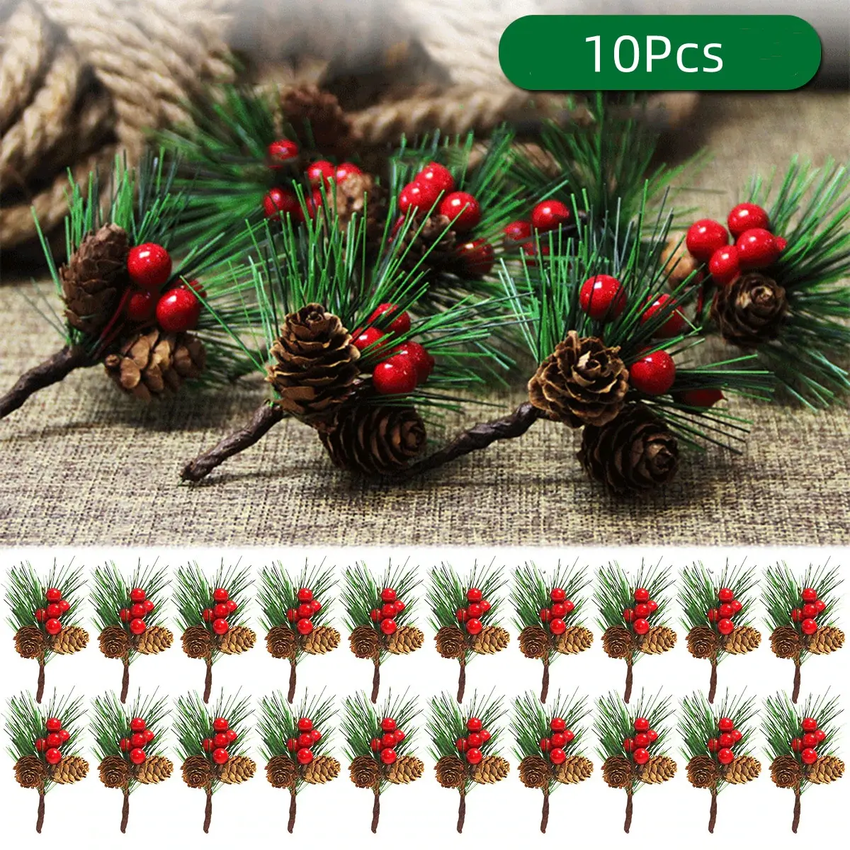 10Pcs Christmas Pine Picks Artificial Red Berries Branches with Pinecone Stem for DIY Wreath 2024 Navidad Party Decor Supplies