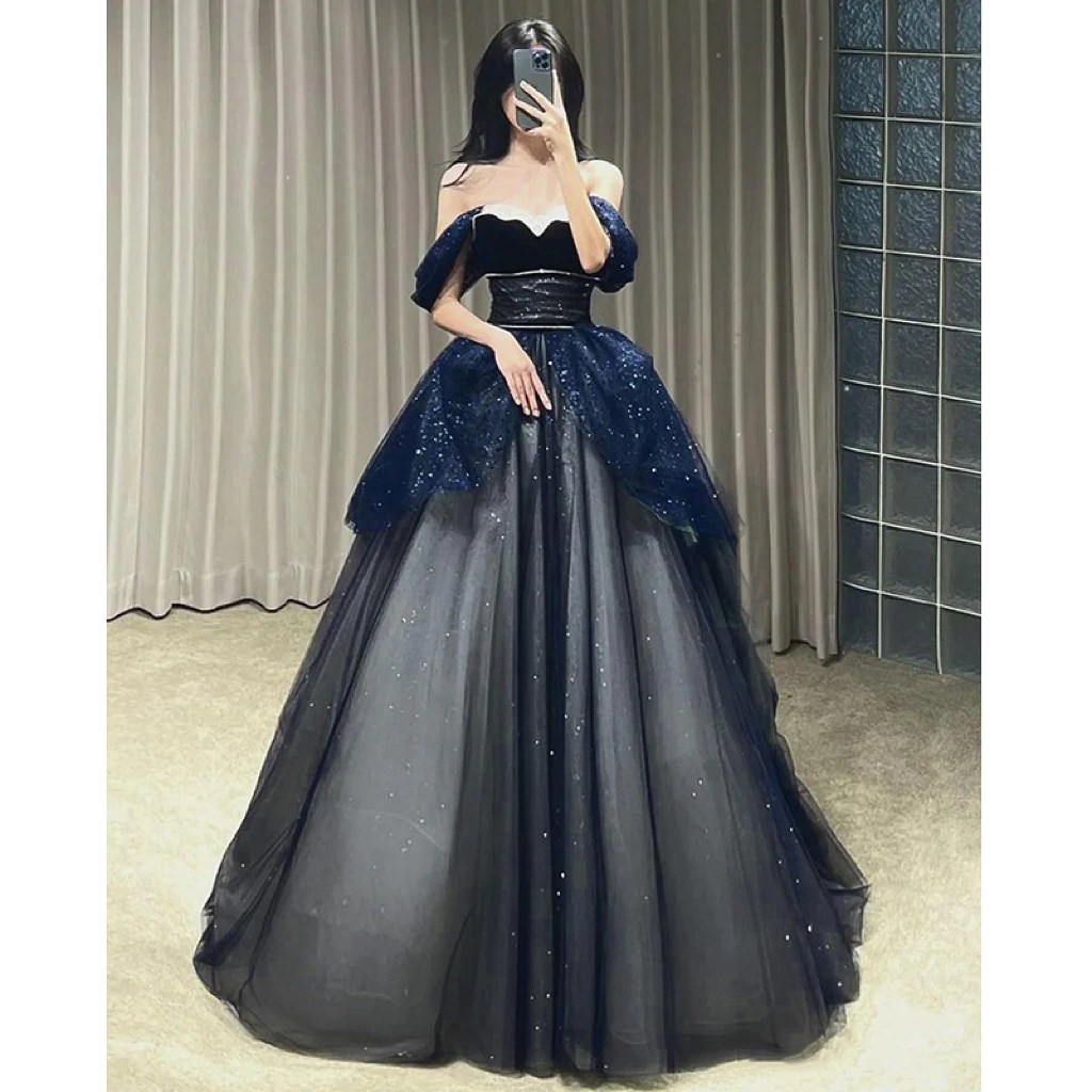Vestido de noche azul marino con lentejuelas Empire Off Shoulder para mujer, moda ostentosa para mujer, vestido de princesa Sexy de tul de lujo para