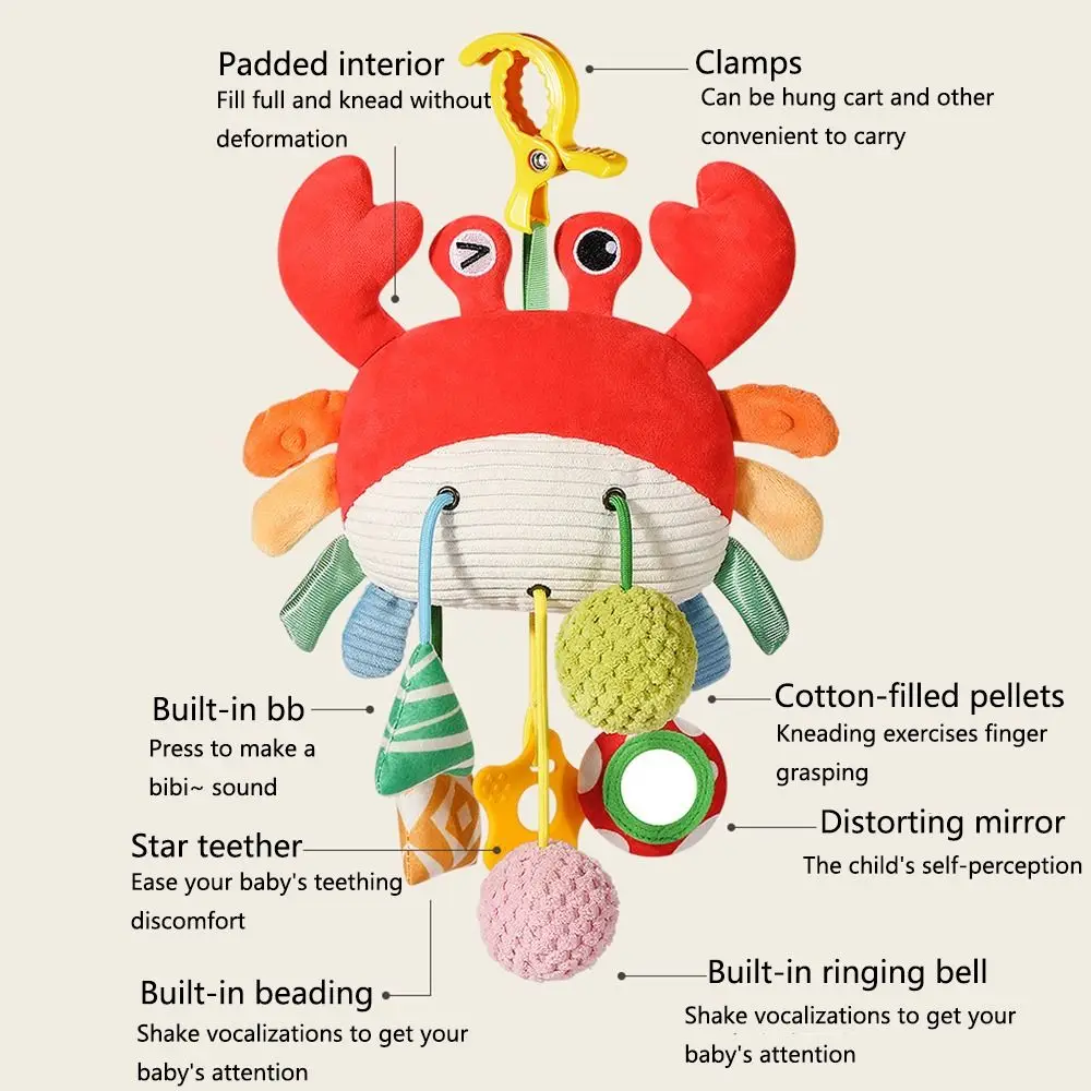 Crab-shaped Baby Pull String Toys with Clamp Distorting Mirror Stuffed Sensory Visual Development Ringing Beads
