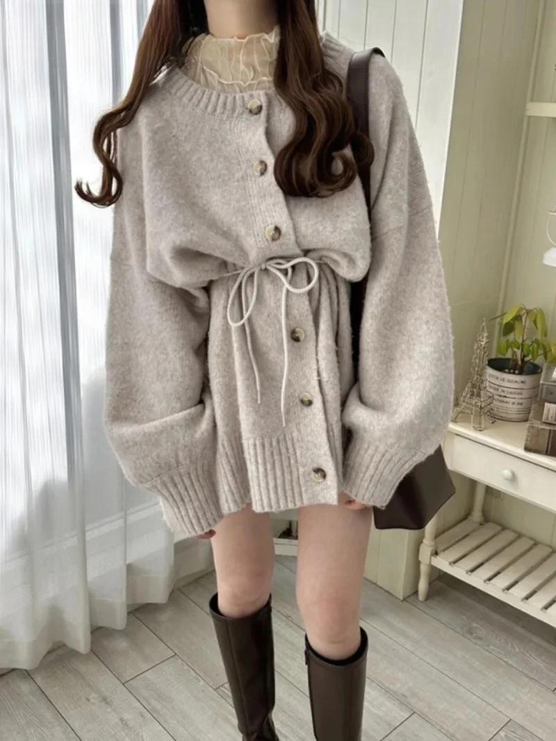 Jesienno-zimowy, nowy, japoński styl, słodki, miękki kardigan z moheru, dzianinowy płaszcz, luźny, z kokardą, zapinany na jeden guzik, sweter o średniej długości.